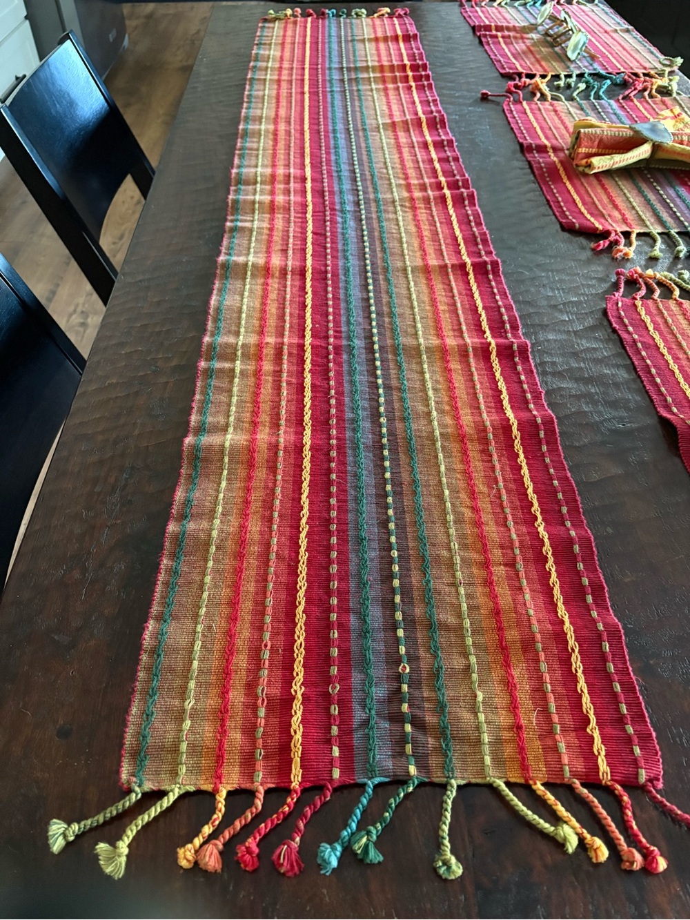 Handwoven Multicolor Cotton Table Runner and six placemats six napkins and rings